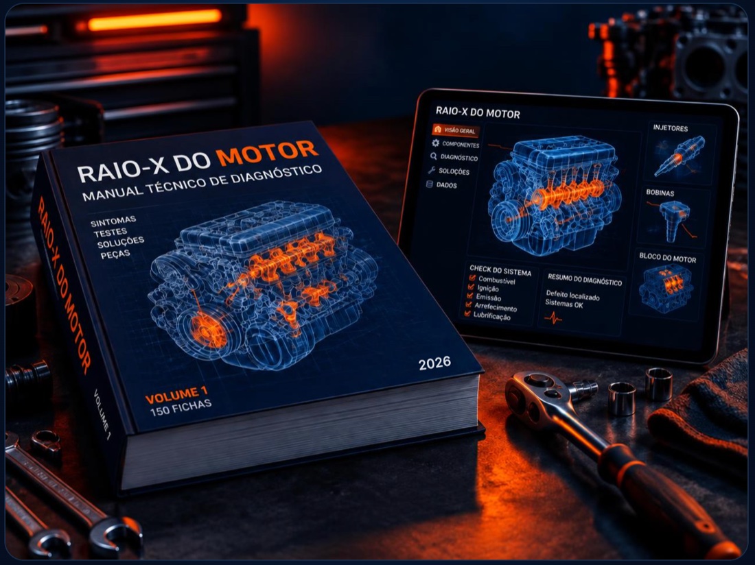 Raio-X do Motor: manual de diagnóstico e tablet com o motor em raio-x